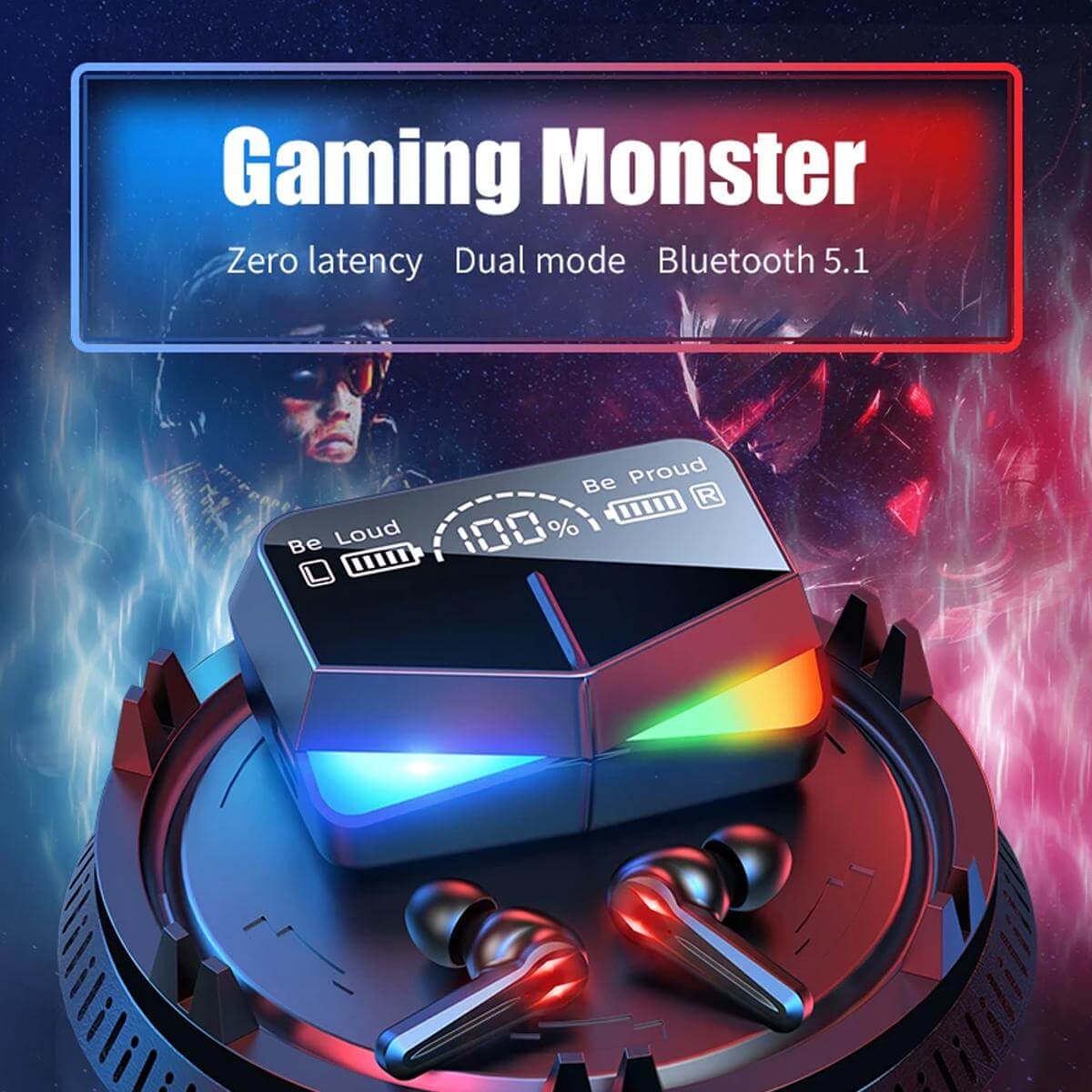 M28 Gaming Wireless Earbuds with RGB Lights & Digital LED Display